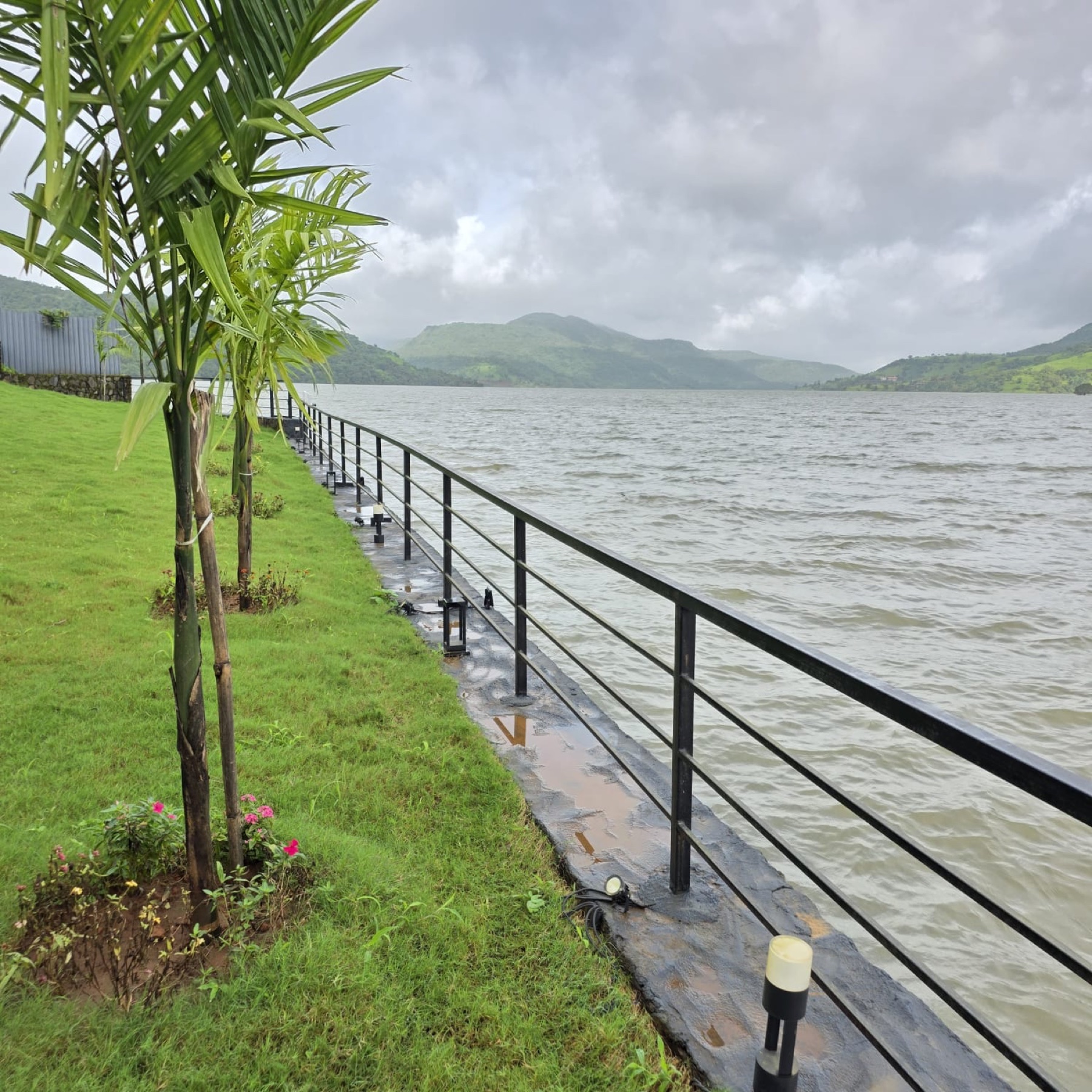 The private lakefront walkway with young palms and the Sahyadri hills across the water